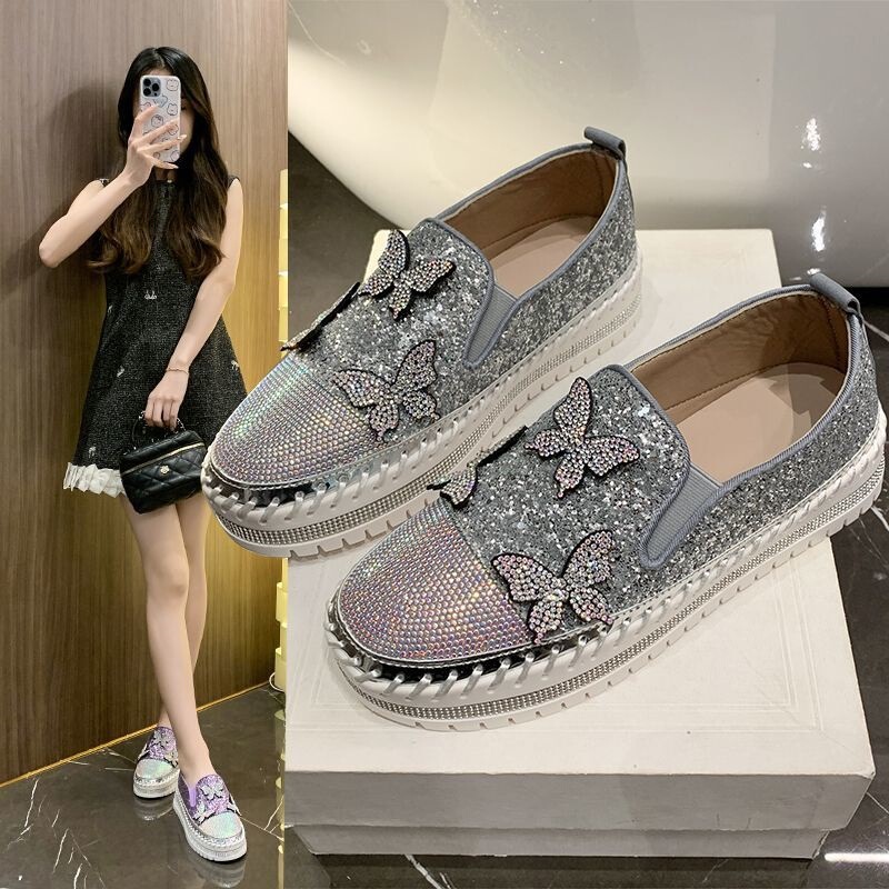 Thick-Soled Sequined Loafers for Women 2025 Spring New Style Slip-On Lazy Large Size Women's Shoes Showing Feet Small Full Diamond Shoes