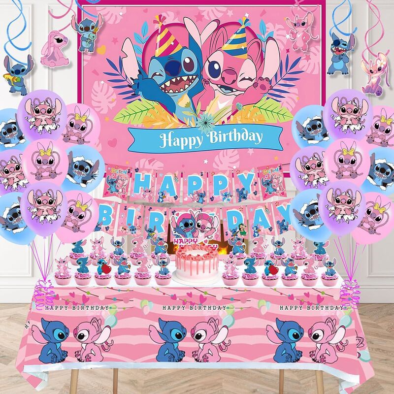 粉色史迪仔生日派对装饰横幅气球蛋糕插排插牌Stitch派对背景布|undefined