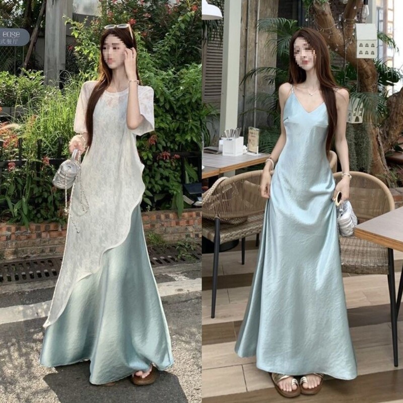 Elegant Summer Outfit for Women, Two-Piece Set, Irregular Lace Top, French-Style Suspender Dress Layered Elegant Summer Outfit for Women, Two-Piece Set, Irregular Lace Top, French-Style Suspender Dress Layered