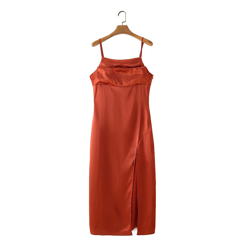 retro style sling front slit solid color satin dress nihaostyles clothing wholesale NSAM82352