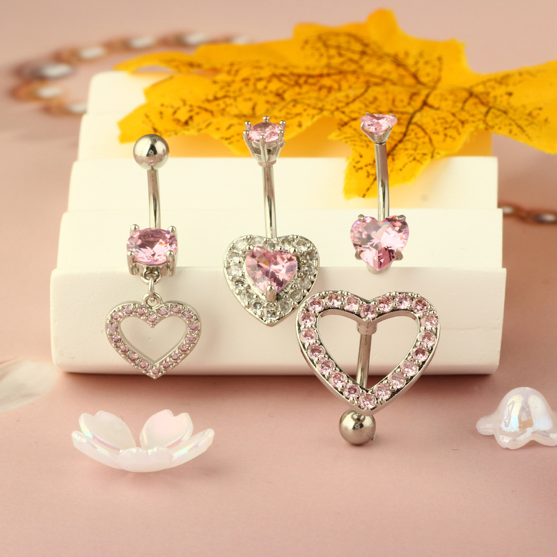 1 Piece, 1 Set Quantity Holiday, Daily Occasion 1 Piece 1 Set 316L Stainless Steel Zircon Belly Rings Heart Shape Waterproof Non Tarnish Surgical Steel Belly Rings Women's