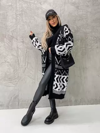 Long European And American Diamond Lattice Sweater For Women - Black - View 1
