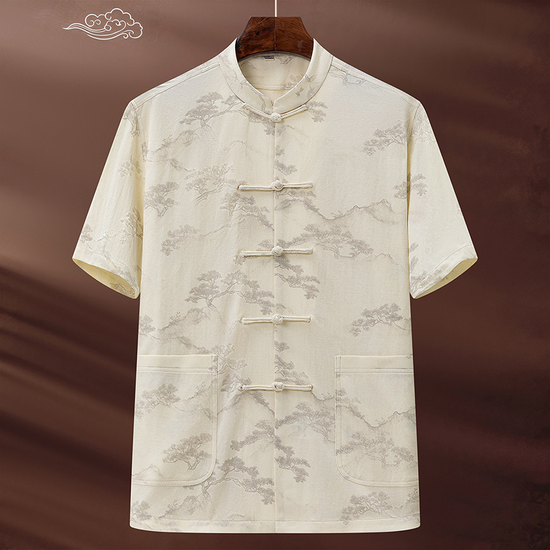Men's Chinese Tang Suit Short Sleeve Stand Collar Folding Button Landscape Print Breathable Skin-Friendly Middle-Aged and Elderly Morning Exercise Wear