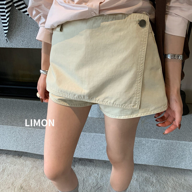 Lemon Green Tea Autumn New Vintage High-Waisted Loose Casual Denim Shorts for Women One-Piece Wrap Skirt Pants Trendy