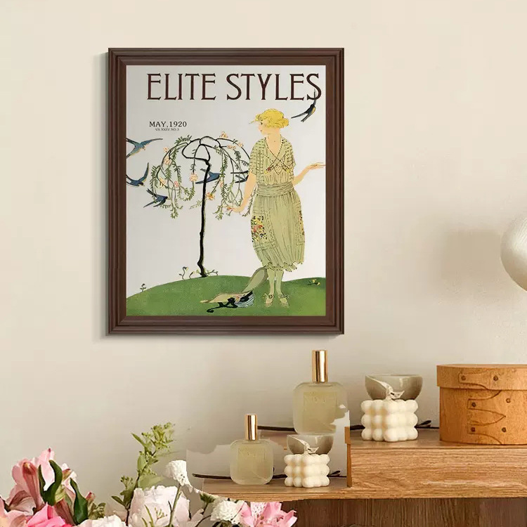 French-inspired niche art hallway cabinet with hanging paintings, American-style vintage bedroom decor, vanity table display pieces, and living room backdrop artwork