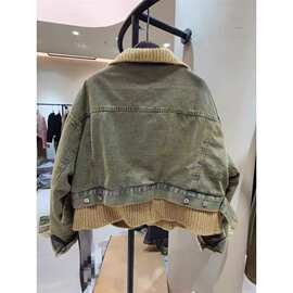 假两件拼接翻领牛仔棉服外套女小个子冬季加绒加厚棉袄短款棉衣潮