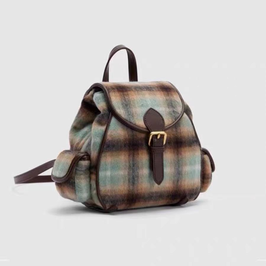 Mochila para las mujeres 2023 Otoño e Invierno nueva moda gradiente contraste color Plaid estudiante universitario mochila Suede Retro