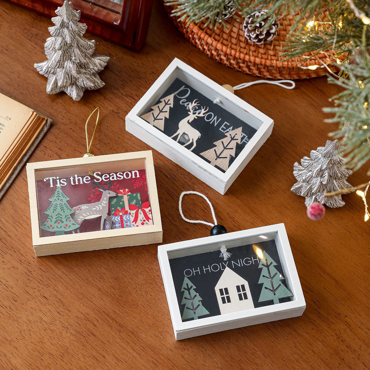 Nuevos colgantes de madera transfronterizos caja de decoración de escritorio tridimensional de alta calidad alce decoración de árbol de Navidad diseño colgante