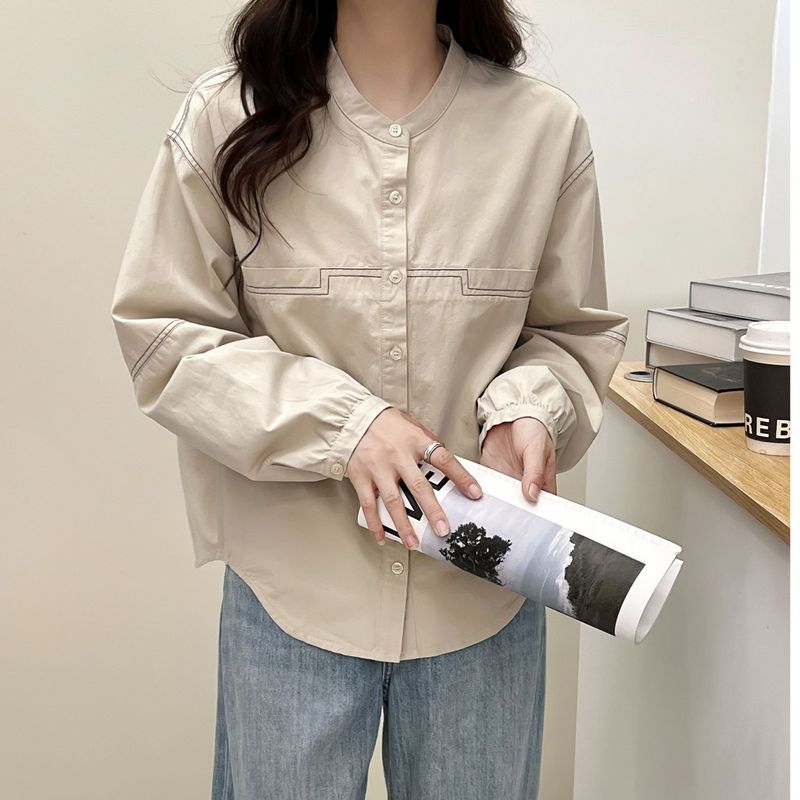 2025秋季新品小众感纯色长袖衬衫遮肉显瘦洋气减龄休闲百搭粉色|undefined