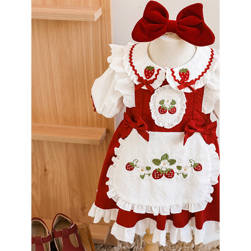 Wulibu Yi girls suit French dress cute strawberry embroidered lapel shirt summer bow shirt