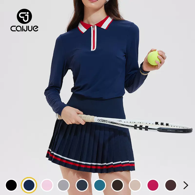 跨境新款网球服长袖半拉链翻领POLO衫户外速干健身运动瑜伽服套装