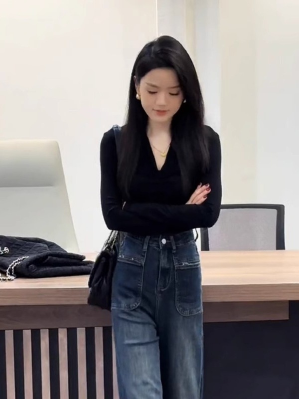 法式V领正肩长袖T恤女秋季高级感气质修身显瘦内搭打底衫辣妹上衣|undefined