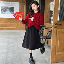 女童毛衣国风套装裙2025新款儿童新中式拜年服新年亲子装红色年服