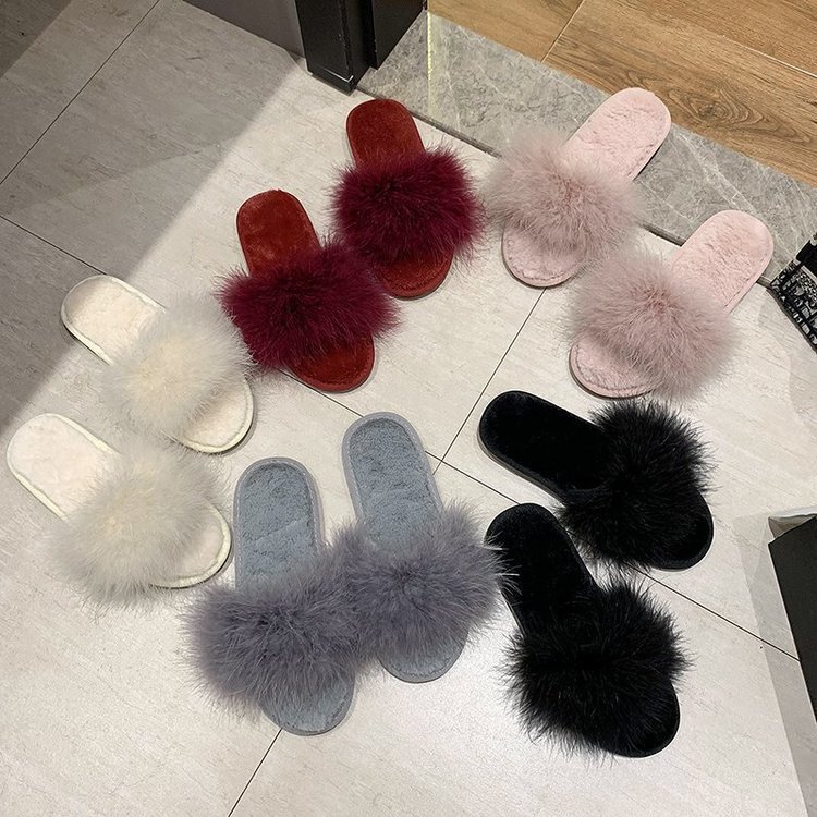 2025 New Style Furry Fashion Outdoor Korean-Style Open-Toe Turkey Feather Comfortable Slippers for Women Wholesale Indoor and Outdoor