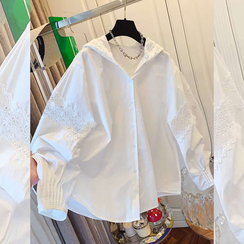 High-End French Sleeve Lace Splicing Long-Sleeved Hooded Shirt Top Women's Large Version Loose Pure Color Shirt