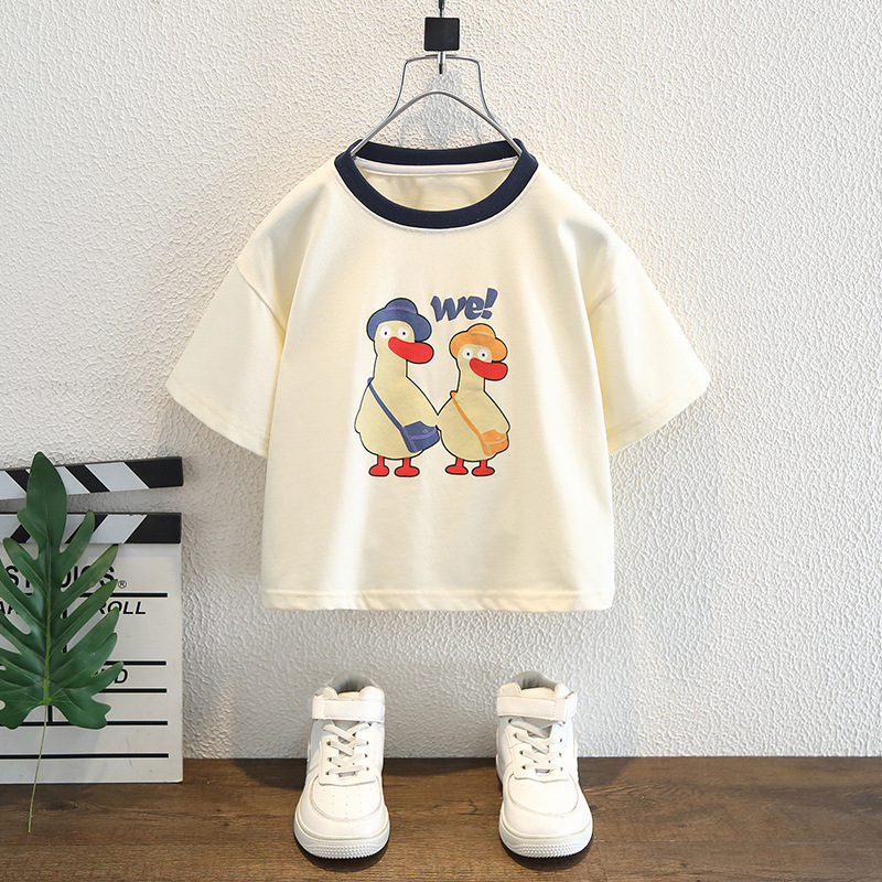 7980 Camiseta de manga corta de verano para niños Cuello redondo a juego de colores Dibujos animados casuales Niños y niñas Bebé Nuevo estilo Estilo occidental Camisa de algodón