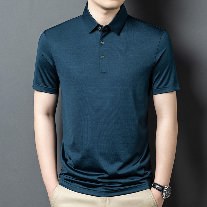 Áo polo nam tay ngắn lụa tơ tằm cổ bẻ mỏng nhẹ — Màu xanh dương JS1601077