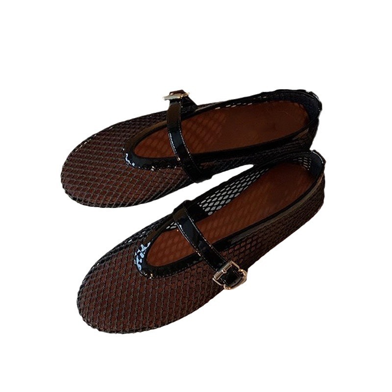 Grape Mom New Sparkling Rhinestone Hebilla de una sola palabra punta redonda boca baja plana Mary Jane sandalias planas mujer