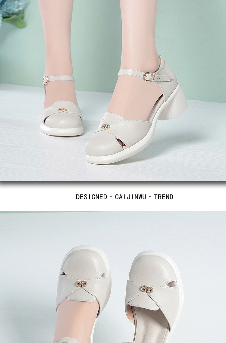 Sandal cao gót nữ quai ngang da bò thật, gót vuông ổn định, đế dày phong cách La Mã — Đen【Da bò lớp đầu】 chi tiết 14