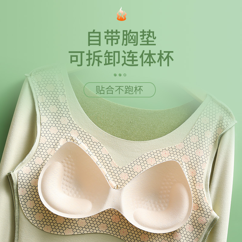 Parche engrosado de terciopelo sin costuras ropa interior térmica para mujer con almohadilla en el pecho que toca fondo ropa de otoño superior autocalentamiento térmico manga larga invierno