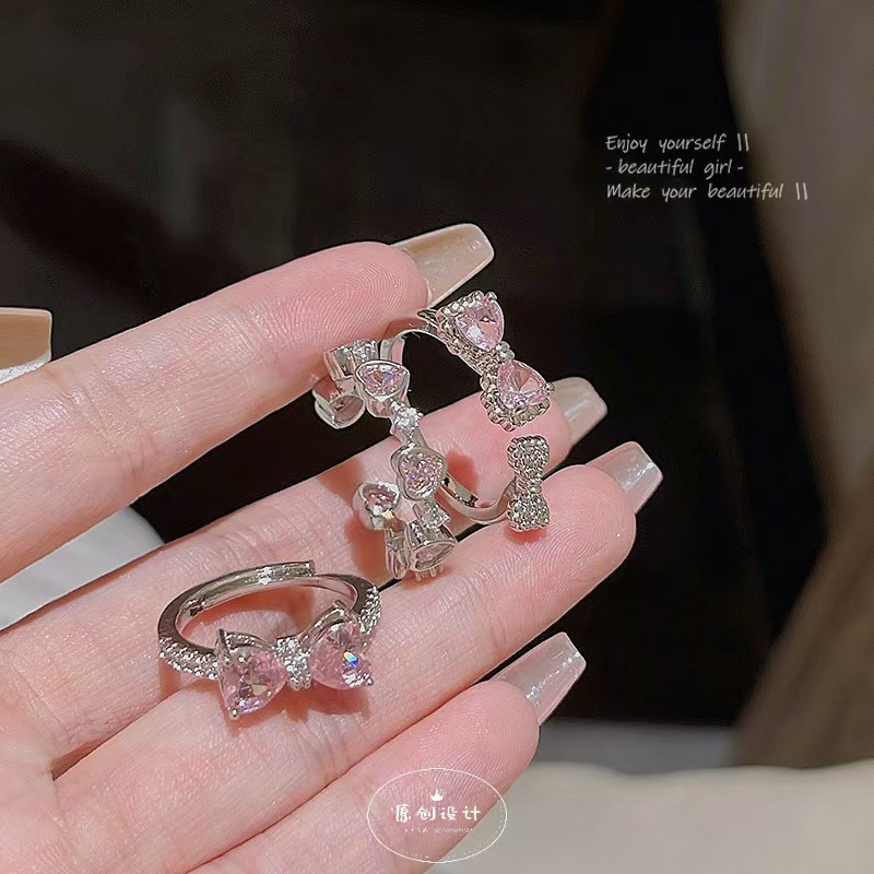 Süße elegante rosa Zirkonia-Schmetterlingsring, verstellbar, offene Größe, Zeigefingerring, koreanischer Luxus-Nischenring