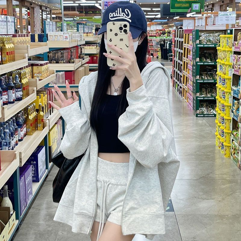 秋季外套女春秋款新款爆款连帽卫衣女宽松秋冬灰色开衫上衣女|undefined