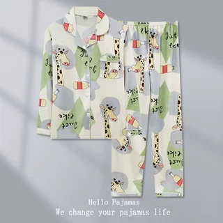 外贸批发日系睡衣女春秋长袖开衫套装卡通可爱学生宿舍家居服薄