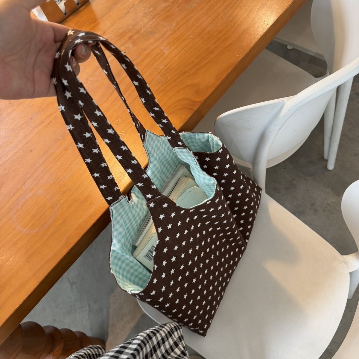 Fashionable versatile canvas bag with star embellishments, versatile commuter bag for back to school, niche ins style, large capacity A24