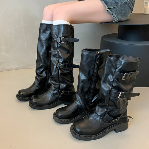 Belt buckle pleated thick sole mid-calf women's winter pants western boots Instagram trendy boots