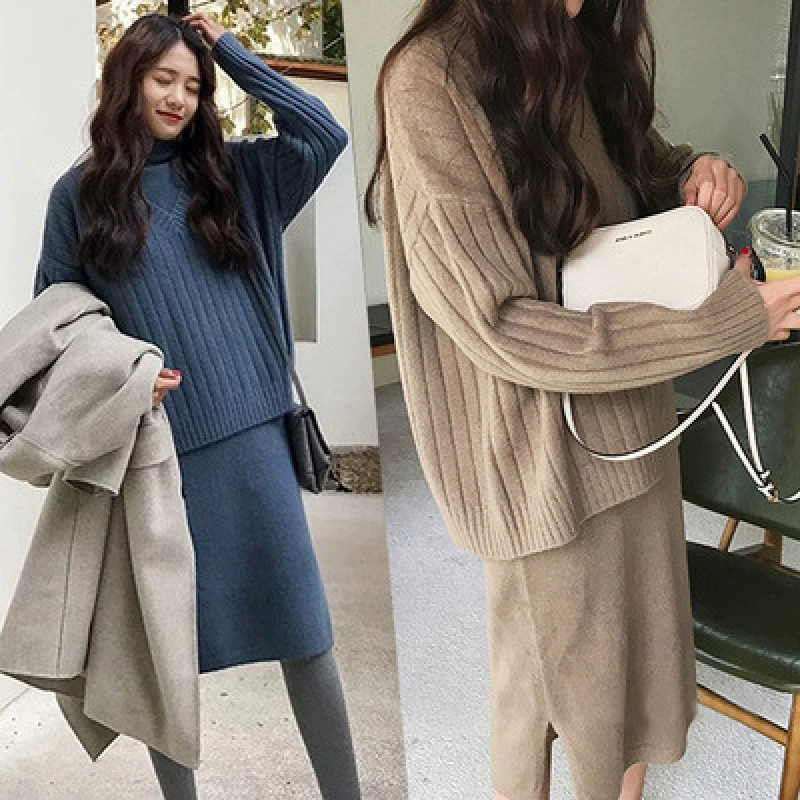 Вязаный костюм-юбка для женщин, осенне-зимняя одежда, комплект из двух предметов интернет-знаменитостей, модный, ленивый стиль, свободное утолщенное платье-свитер