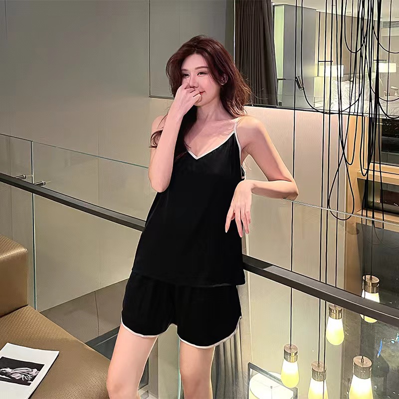 인터넷 연예인 생방송 섹시한 v 넥 서스펜더 반바지 잠옷 얇은 여성 여름 얼음 실크 새틴 조끼 느슨한 투피스 양복