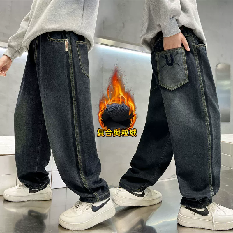 Повседневные брюки на флисовой подкладке для мальчиков, новые зимние джинсы 2024 года для мальчиков