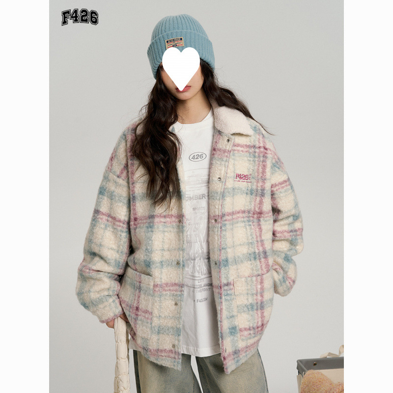 GUOCHAO 브랜드 겨울 커플 힙합 루즈 모방 양모 목걸이 양모 플레이드 코튼 코트