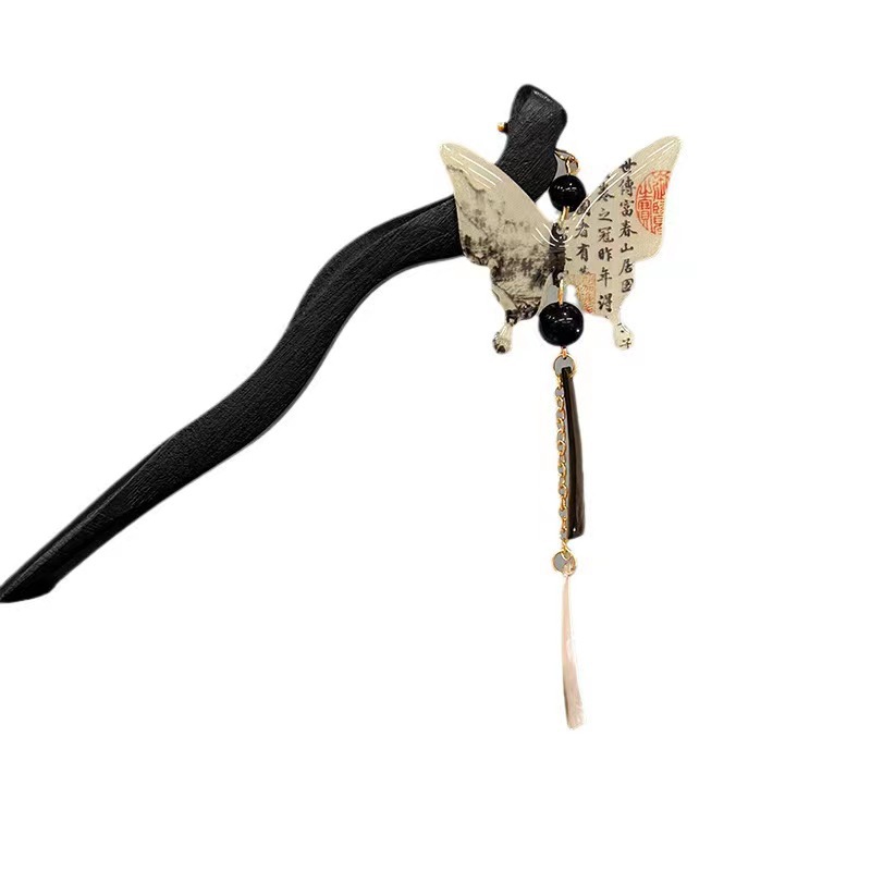 Nueva caligrafía china mariposa borla horquilla femenina estilo antiguo Tenedor de cabello Cabeza trasera updo horquilla de cabello estilo nacional horquilla de cabello accesorios de cabeza