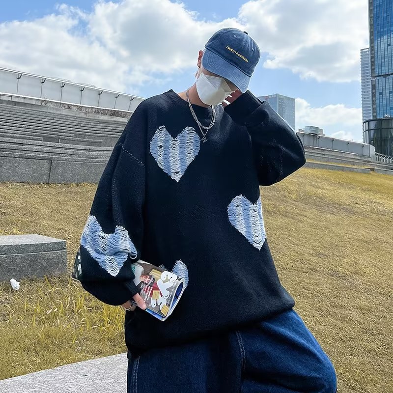 National fashion jacquard love trendy men's autumn and winter neutral long sleeve round neck student boyfriend style loose sweater sweater