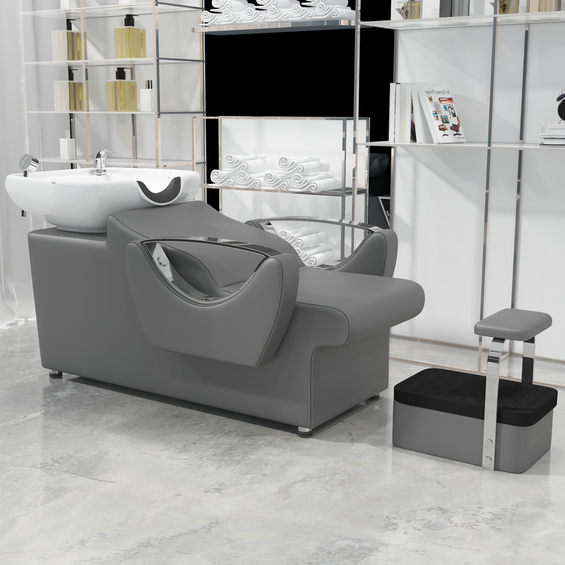 Barbería cama de lavado de cabello semi-recostada cama de lavado de cabello salón de peluquería lavabo de cerámica sillón con pedal cama de lavado de cabello de cuero