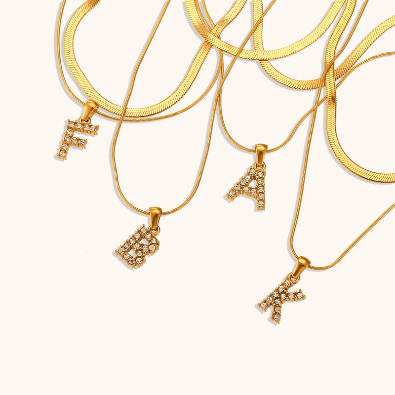 Europe and the United States cross-border hot selling double chain zircon letter necklace retro fashion stainless steel plated 18K gold jewelry women