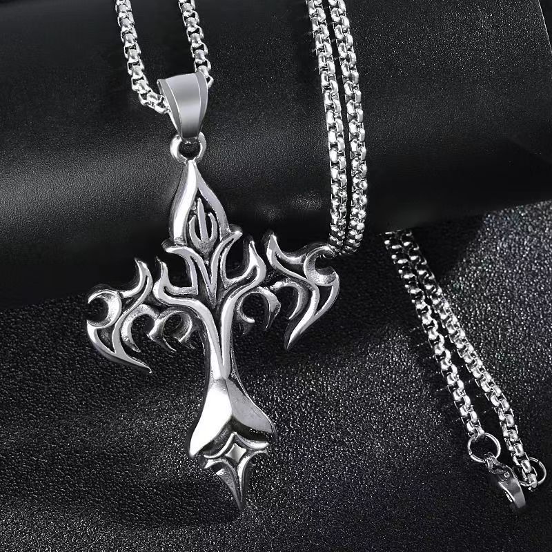 Long Necklace Classification Stainless Steel Chain Material Punk Modern Style Cross Flame Stainless Steel Alloy Plating Men's Long Necklace