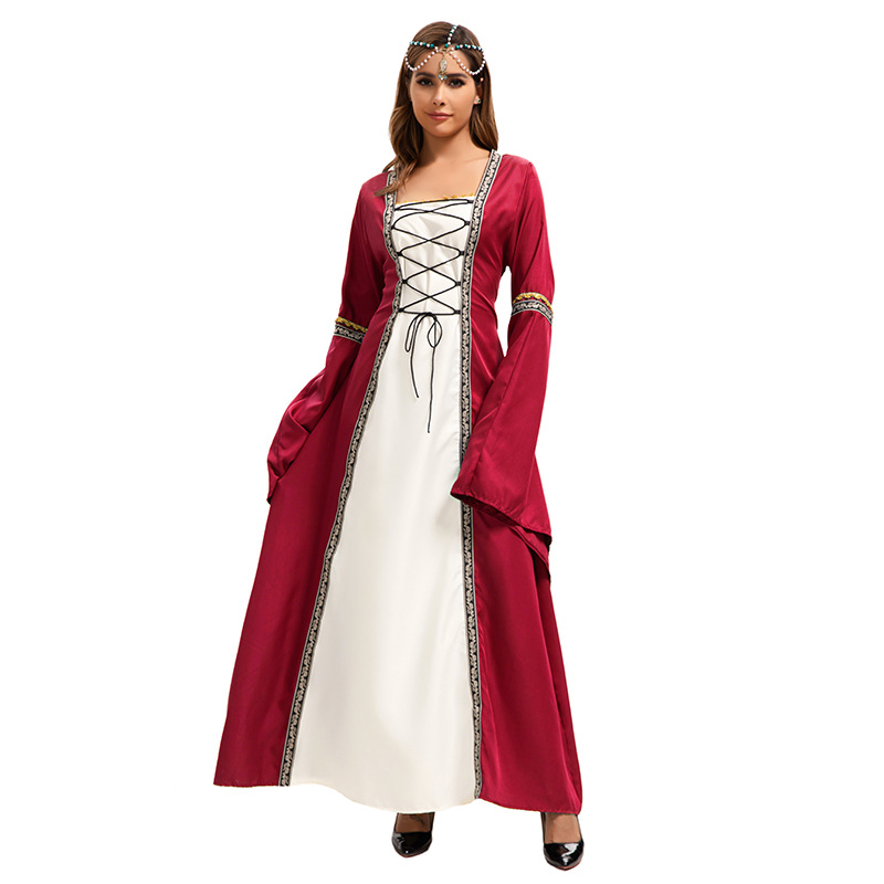 2025 European And American Style Square Neck Flared Sleeve Long Dress Gothic Retro Women's Clothing Medieval Court Gown_voghion.com