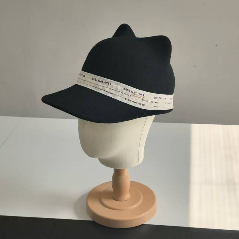 秋冬小香家女复古羊毛呢耳朵帽休闲字母三折带装饰棒球帽毡帽子|undefined