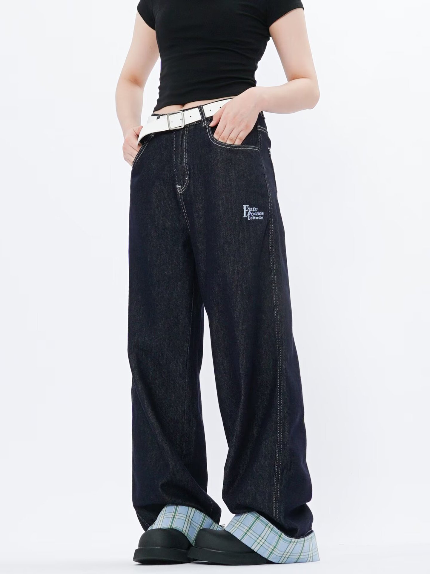 American Style Straight-Leg Rolled Hem Jeans Men Women, Spring And Autumn New Loose Patchwork Plaid Blue Pants For Men,_mkmklike.com