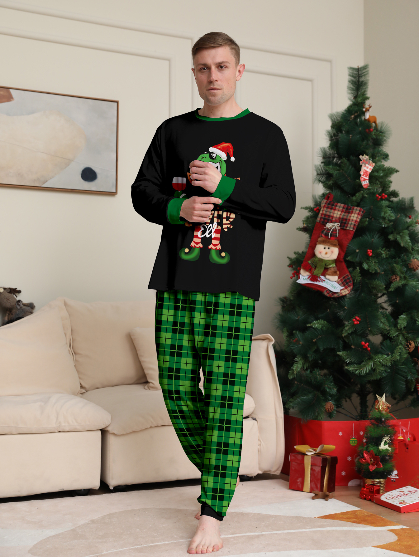 Weihnachts-Dinosaurier-Buchstaben Weihnachts-Familienanzug bedrucktes Homewear-Pyjama-Set_voghion.com