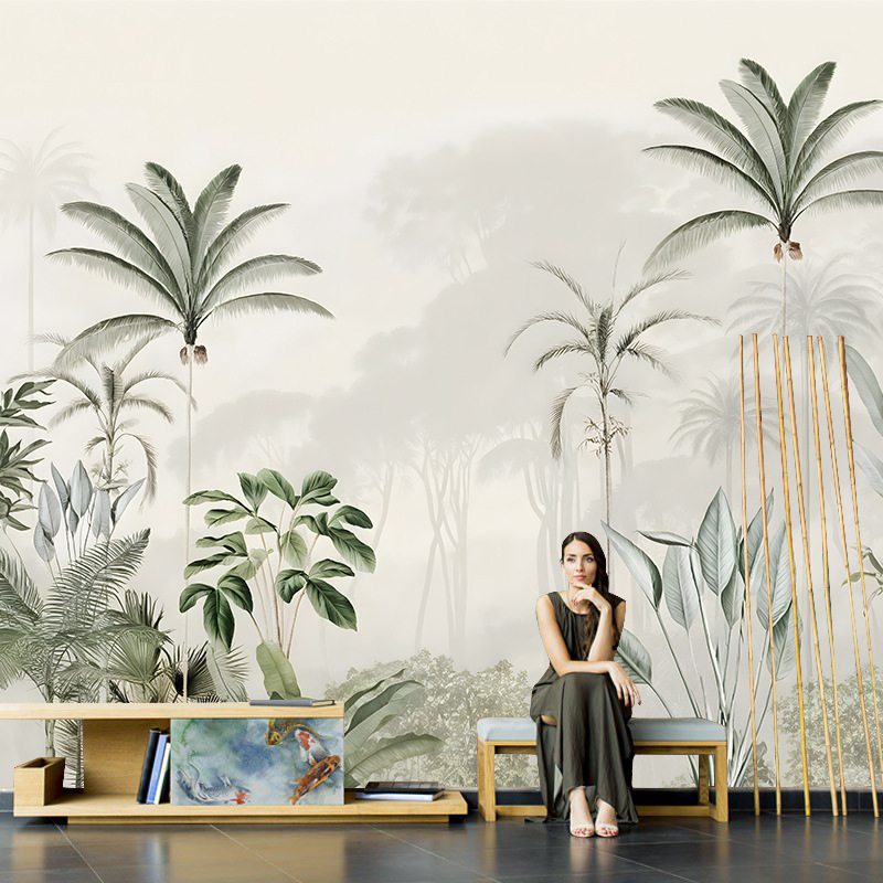 Forest Hand-Painted Leaf Mural Wallpaper Tropical Style Living Room Tv Background Wall Cloth Light Luxury Style Plant Wallpaper