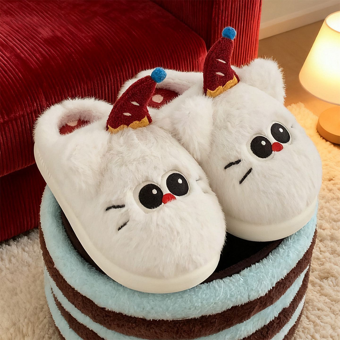 귀여운 고양이 털 겨울 슬리퍼 남녀공용 보온 거실화 실내화