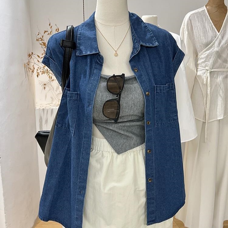 Blue Denim Shirt for Women, Summer Style, Sleeveless, Unique Design, Loose Fit, Washed Vintage Jacket Top