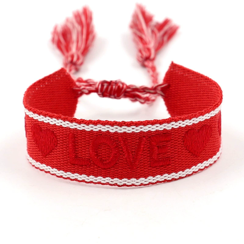 handmade woven bracelet, polyester, embroidered letters with tassels, adjustable (love)