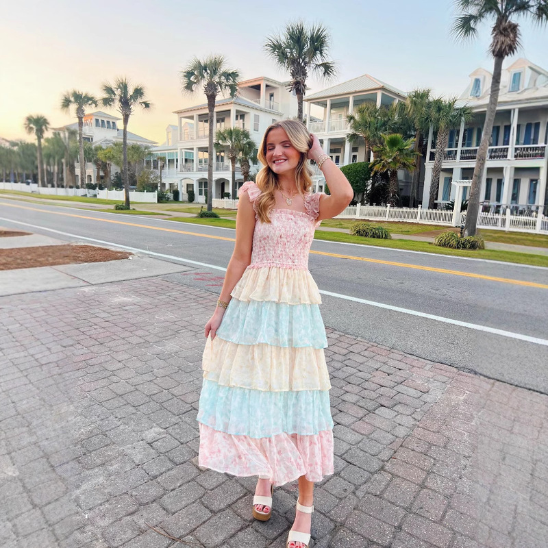 Cross-Border 2025 Amazon Fresh and Sweet Holiday Dress Printed Stitching Multi-Layer Long Suspender Cake Skirt