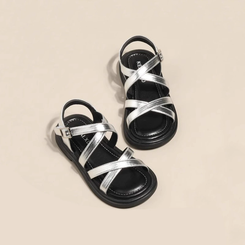 Детские сандалии с открытыми ноками Детская обувь Летняя новая римская сандалия мягкая подошва иностранная девушка пляжная обувь