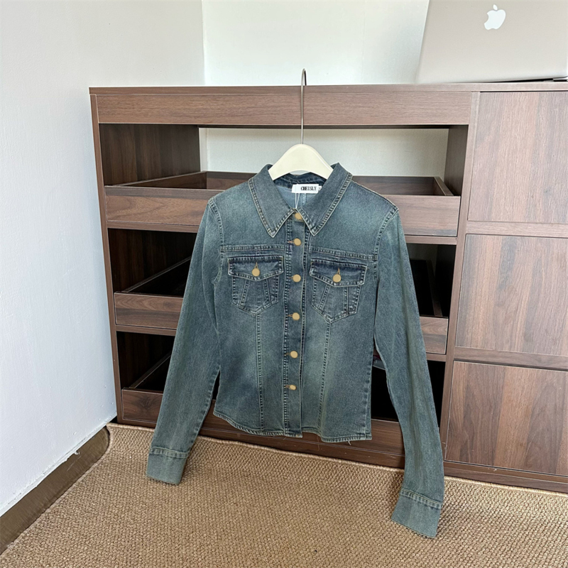 American Style Retro Blue Polo Collar Denim Shirt Women's Winter High-end Sense Tight Waist Slim-fit Slim Jacket Top American Style Retro Blue Polo Collar Denim Shirt Women's Winter High-end Sense Tight Waist Slim-fit Slim Jacket Top