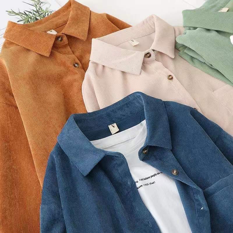 Sanding Smog Blue Salt Style Corduroy Shirt Women's Spring and Autumn Design Hong Kong Style Women's Solid Color Shirt Loose